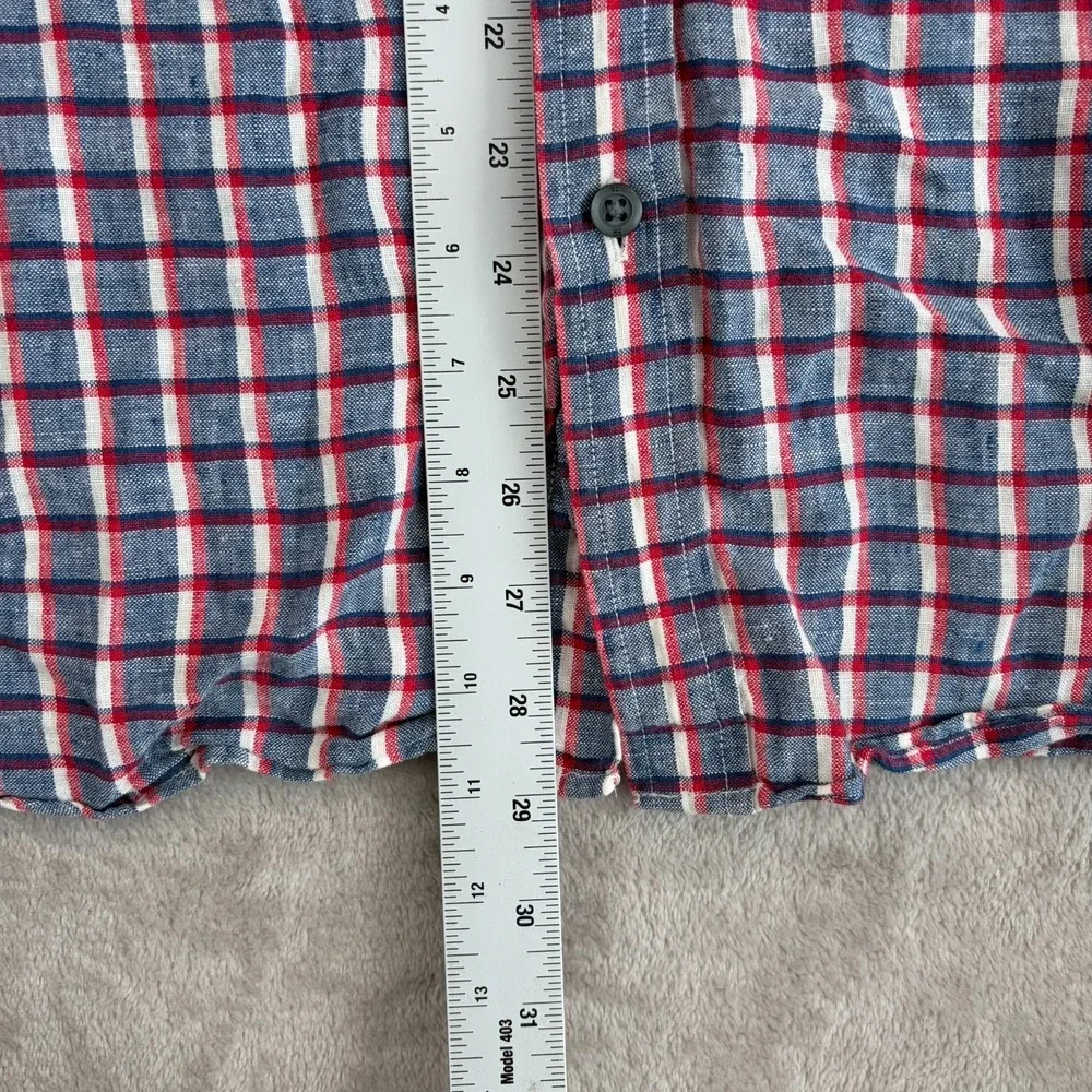 Banana Republic Camden Fit Shirt Men Large‎ Blue Red White Plaid 100% Linen NWOT